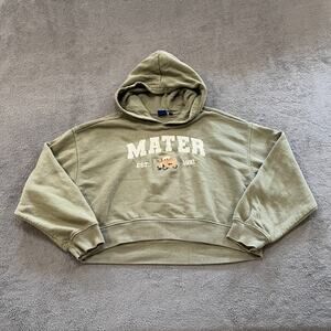 Pixar Cars Mater Olive Green Cropped Hoodie Pullover Sweatshirt Women's Size M